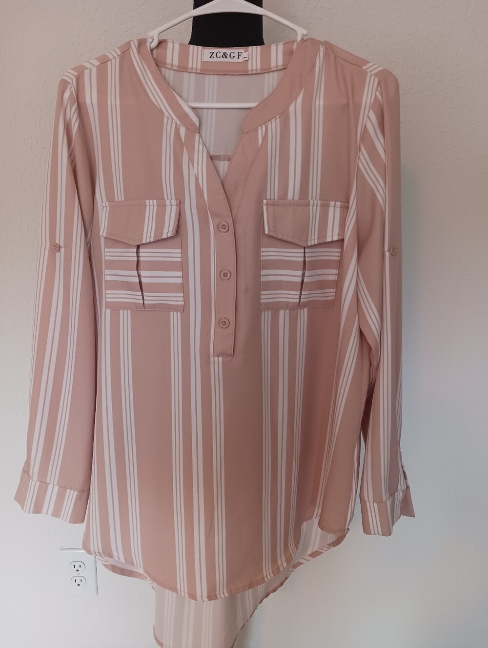 ZC & GF Tan Stripe Half Button Down Shirt Sz L EUC